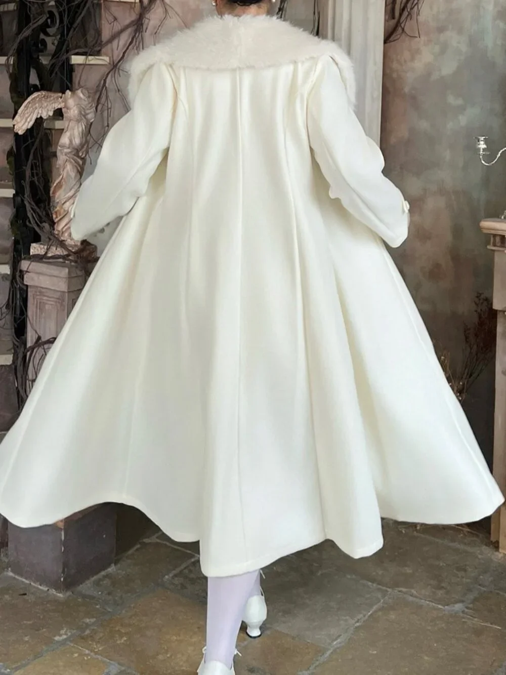 Apricot Elegant Women's Contrast Faux Fur Double Button Pocket Long Overcoat